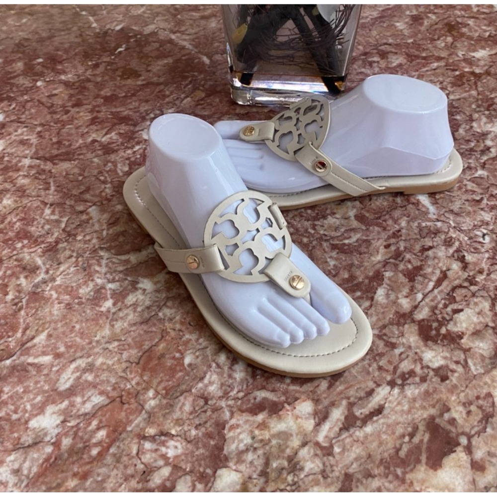Tory Burch Miller Ivory White Leather Logo Thong Slide Sandal 40/US 9.5 EUC $298
